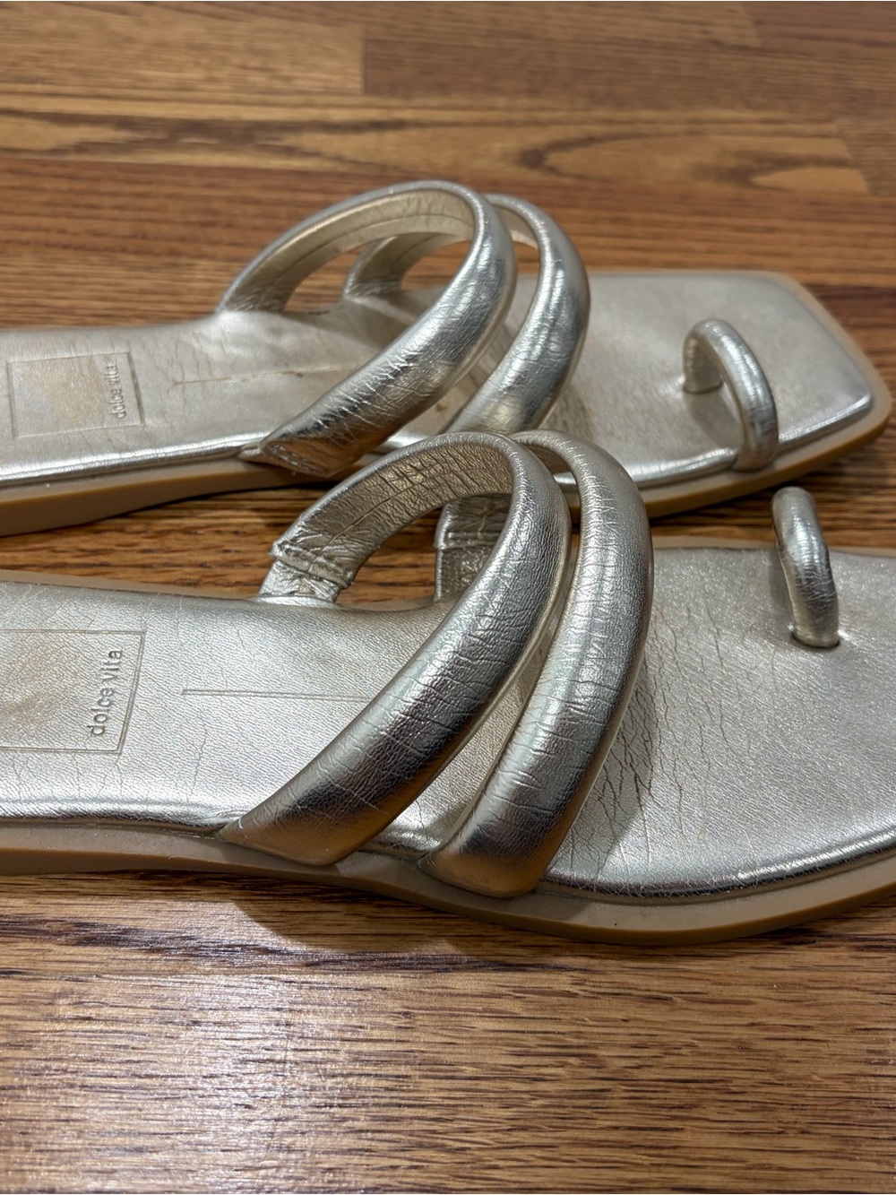 Dolce Vita Metallic Gold Double-Loop Square-Toe Slide Sandals (7) - Picture 3 of 8